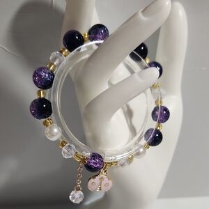 Elegant Purple and Gold Beaded With Ladybug Charm Bracelet